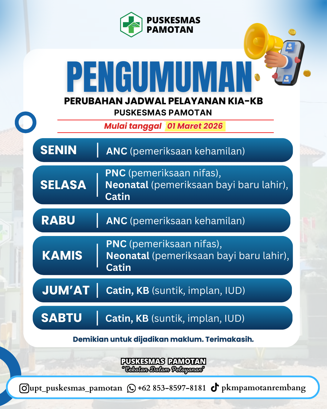 Perubahan Jadwal Layanan  KIA-KB Puskesmas Pamotan